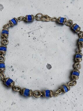 Vintage Sterling Silver Blue Beaded  Stacking Bracelet 7" With Lobster Clasp